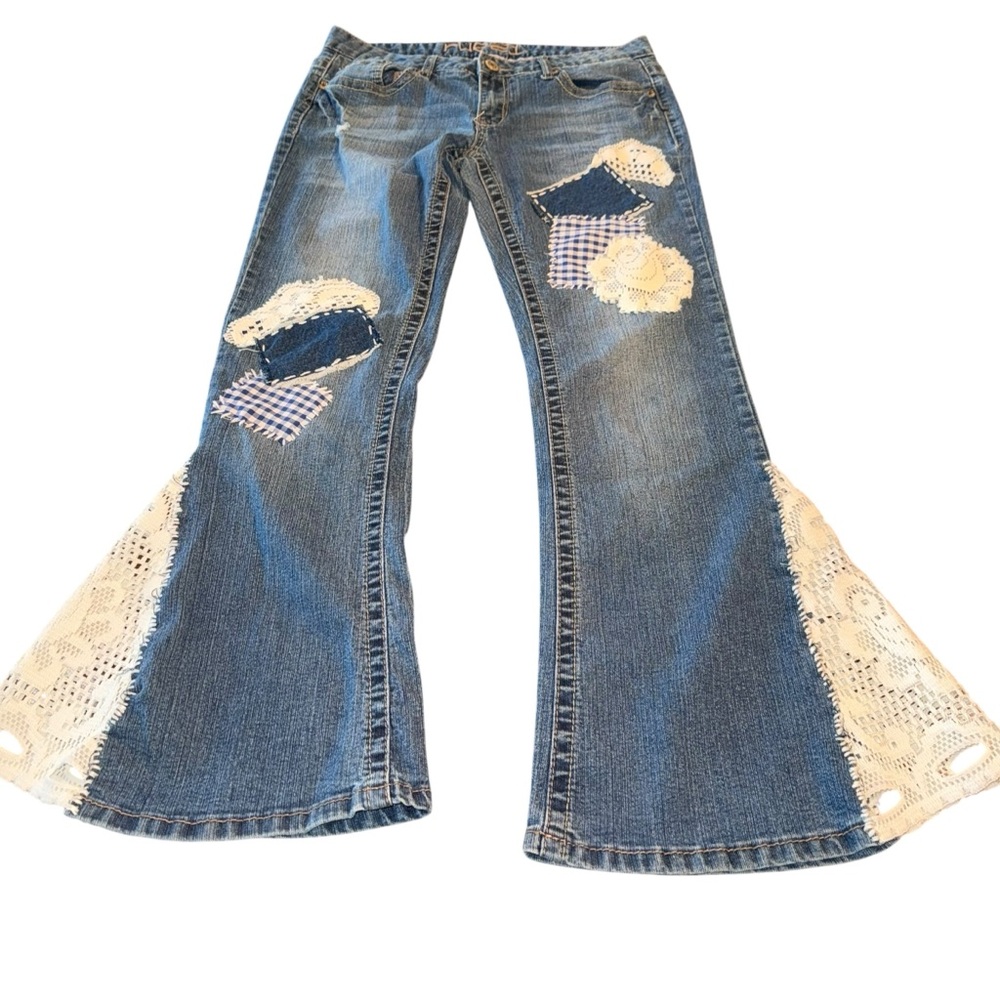 Reworked Upcycled Womens Jeans Low Rise Flair Bottom Boho Hippie Vibe Size 9/10